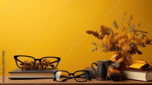 happy graduation background with pile of books and glasses on yellow background