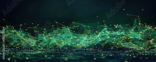 A wide horizontal backdrop of neon green and soft gold plexus connections