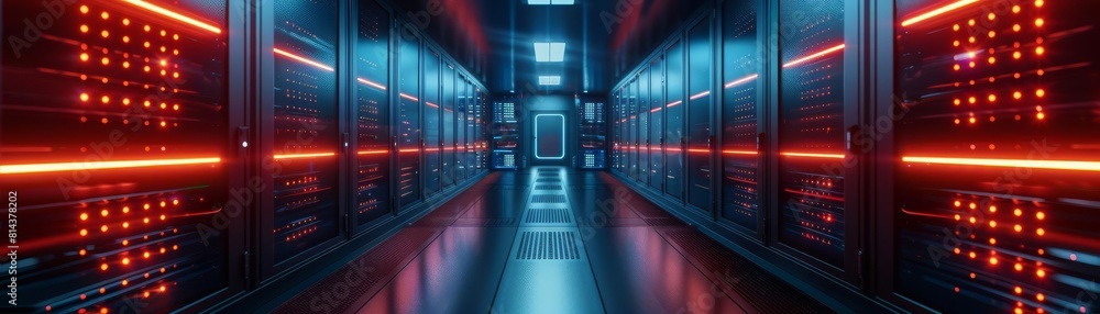 Fototapeta premium Military quantum computing facility conducting encryption tests, front view, testing cryptographic strength, advanced tone, Complementary Color Scheme