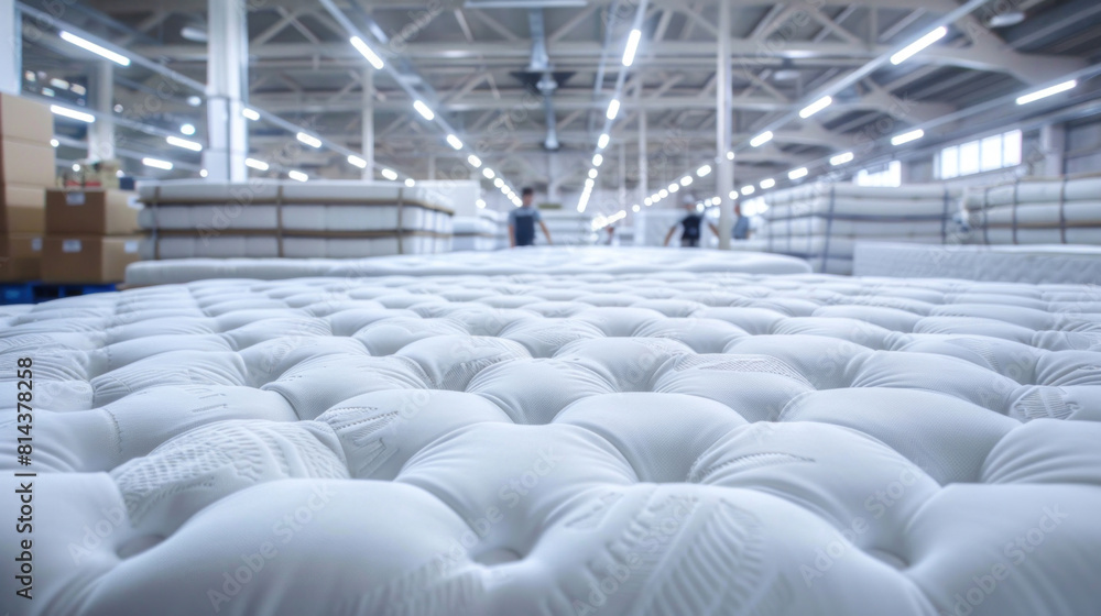 Fototapeta premium Inside the industrial factory, a sea of white mattresses is arranged with precision, manufacturing.