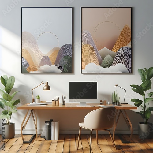 A desk with a computer and a chair in front of it image art realistic photo photo. photo