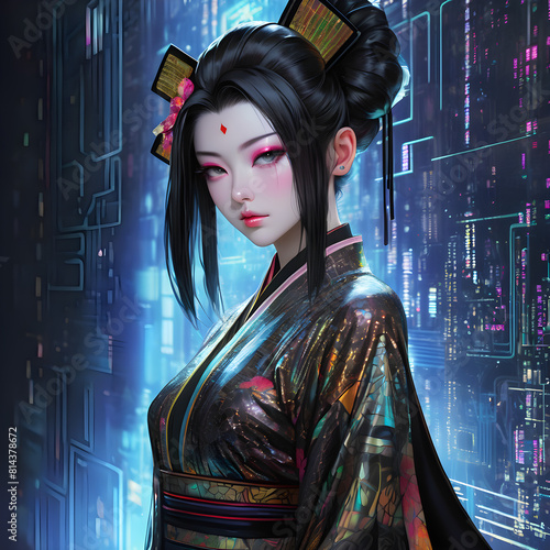 Imagine a mesmerizing image of a robotic geisha with intricate black obsidian tattoos adorning her face. She is a perfect blend of tradition and technology, captivating and alluring. But there is more photo