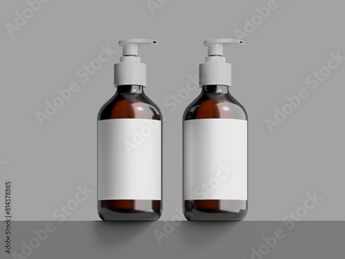 Realistic Blank Two Amber Pump Bottles Mockup in Front View