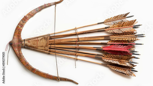 Bow and quiver with arrows isolated on white photo