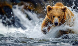 A focused brown bear is splashing through a river, probably catching fish. Generate AI