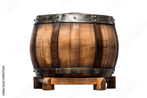 The photo shows a wooden barrel on stand with black background. The barrel is made of dark wood and has a metal hoop around it. photo