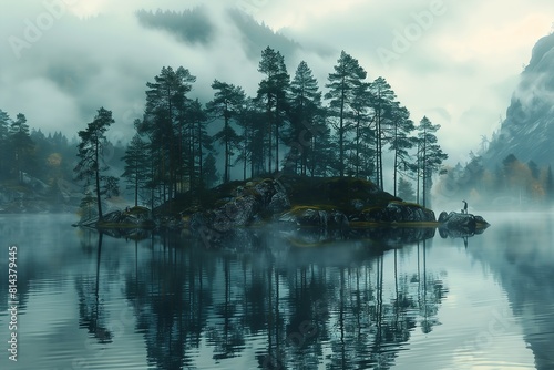 small island middle lake surrounded trees scandinavia details calming grainy nostalgic solitary photo