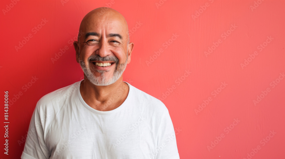 A man with a shaved head is smiling, cancer patient with chemotherapy