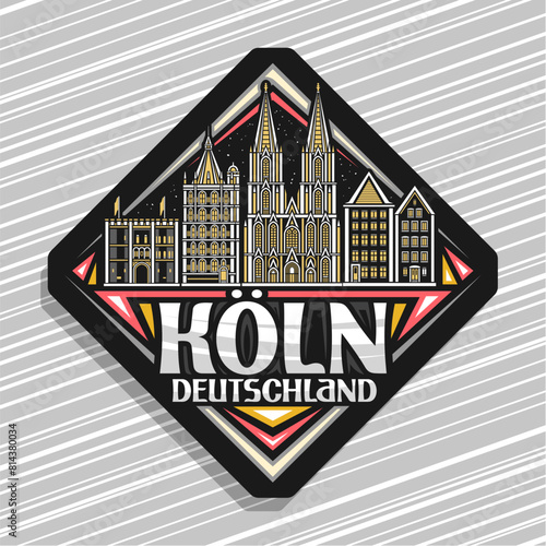 Vector logo for Koln, black rhombus road sign with line illustration of famous european koln city scape on nighttime sky background, decorative urban refrigerator magnet with words koln, deutschland