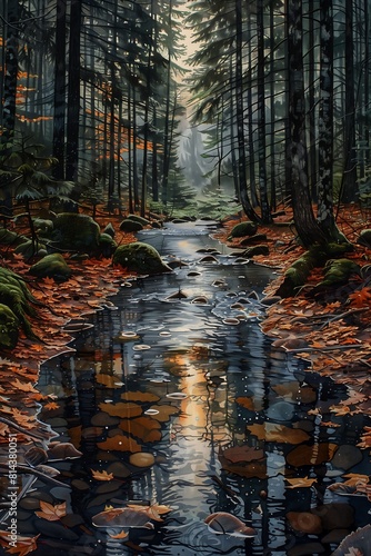 stream forest leaves ground reflections designer stunning drawing large format