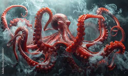 Dramatic red octopus with swirling smoke in a dark, mysterious setting , Generate AI