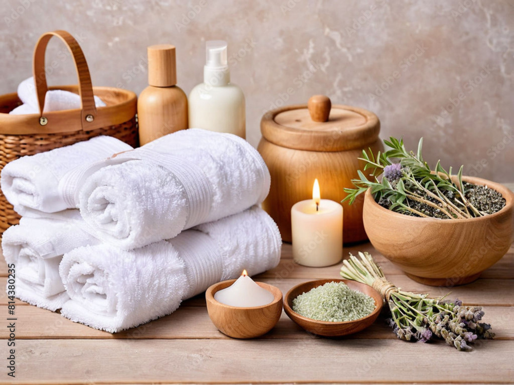 Spa setting, towels with herbal bags, beauty treatment items set in the spa, and health care items, spa collection Spa setting, towels with herbal bags, beauty treatment items set in the spa, and health care items, spa collection