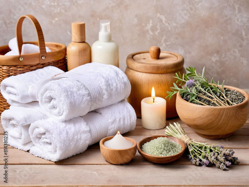 Spa setting  towels with herbal bags  beauty treatment items set in the spa  and health care items  spa collection