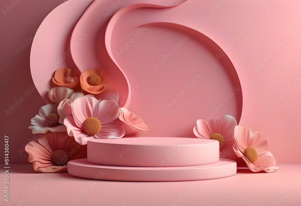 A podium with pink fabric and flower petals on top, against a white background A podium with pink fabric and flower petals on top, against a white background