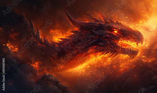 A majestic dragon exhales fire surrounded by dramatic orange clouds. Generate AI
