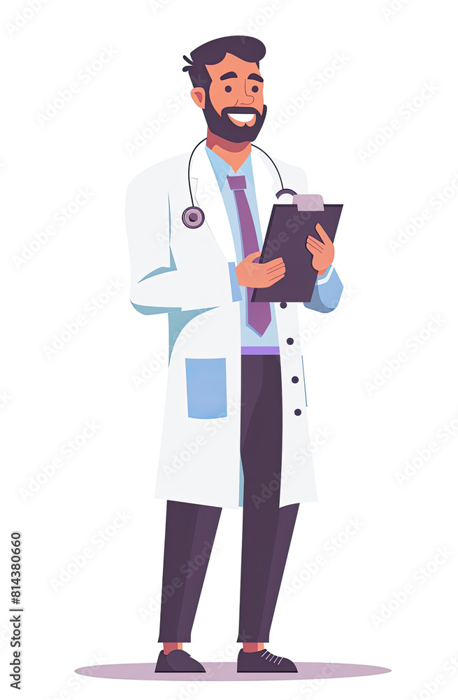 Happy man doctor on tablet for employees management