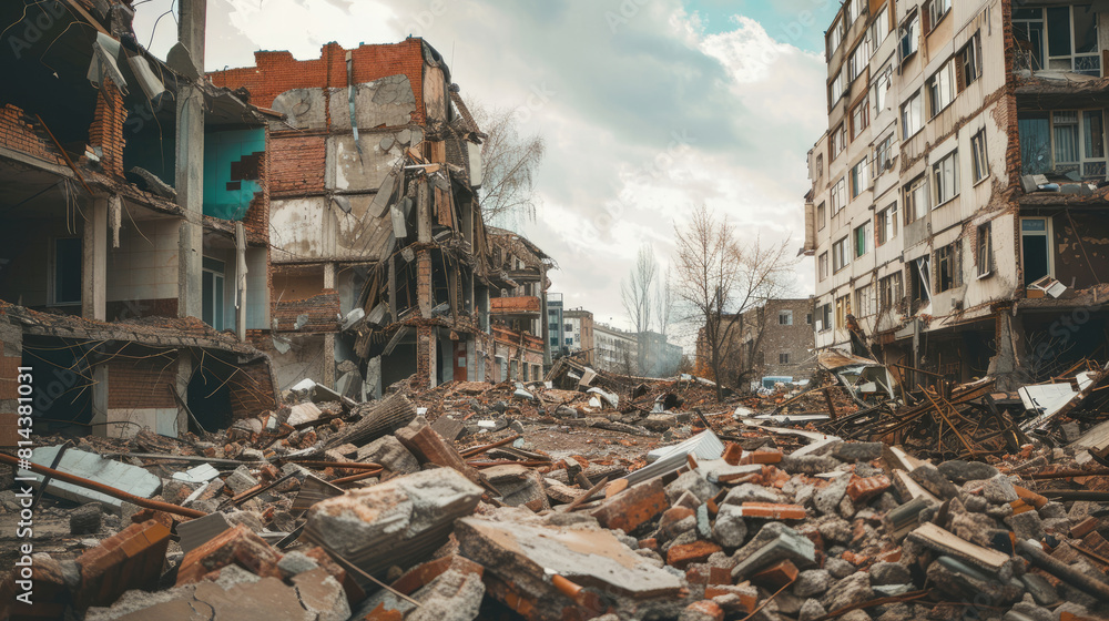 Cityscape of Ruined Buildings Post-Earthquake