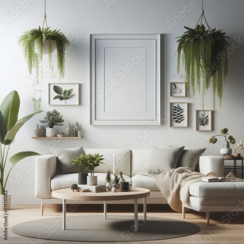 A living room with a template mockup poster empty white and with a couch and plants image art photo. photo