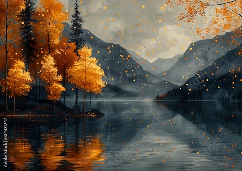 lake trees mountain background scattered golden flakes dreamscape leaves falling overlays splash jack ducker young