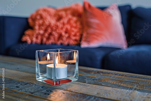 A square glass candle holder with a tealight inside, on a reclaimed wooden table, and a coral chenille pillow on a navy blue sofa in the background.