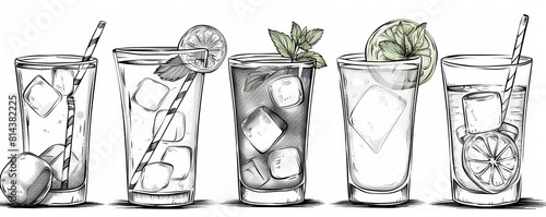 Refreshing summer drinks. Set of hand drawn glasses with different cocktails. photo