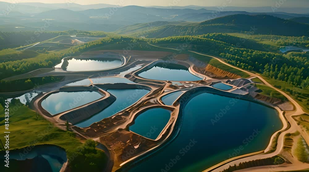 Aerial shot of extensive mining operations in a lush, hilly region with several blue water basins and winding dirt roads cutting through the green landscape, showing environmental contrasts Aerial shot of extensive mining operations in a lush, hilly region with several blue water basins and winding dirt roads cutting through the green landscape, showing environmental contrasts