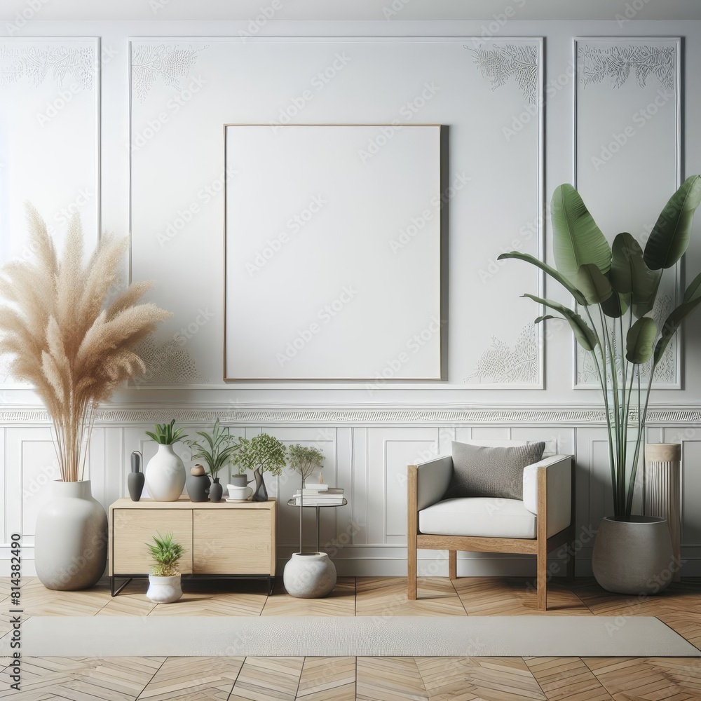 A Room with a template mockup poster empty white and with a chair and plants art harmony card design.