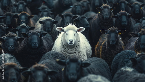 a group of black sheep surrounding a white sheep