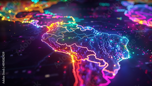 map of south america highlighted in neon light