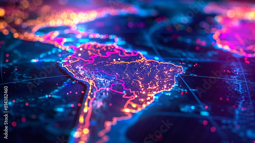 map of south america highlighted in neon light