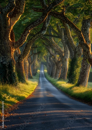 road lined trees grass single person side france dawn light nouveau frame unique environment dappled columns impressionist sycamore stunning photo