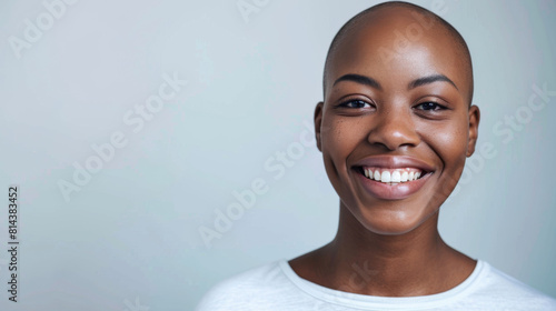 A woman with a shaved head is smiling, cancer patient with chemotherapy photo