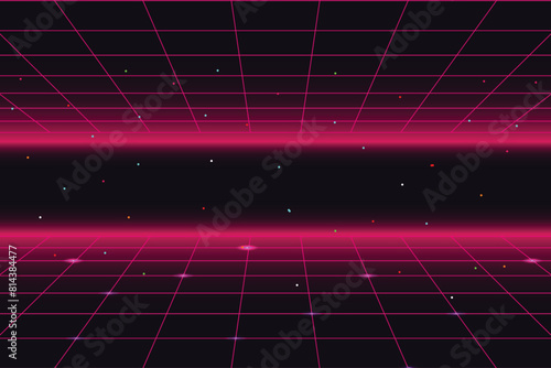 Pixel art background.8 bit game. retro game. for game assets in vector illustrations. Retro Futurism Sci-Fi Background. glowing neon grid. and stars from vintage arcade comp