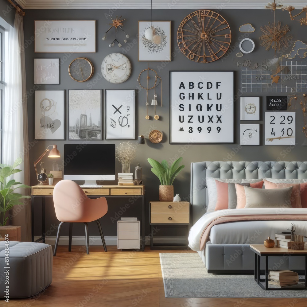 Fototapeta premium Bedroom sets have template mockup poster empty white with Bedroom interior and a desk image art lively has illustrative meaning card design.