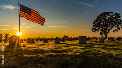  A military cemetery at sunset on Memorial Day, with the American flag flying proudly over rows of gravestones as the sun casts a golden glow over the landscape.
