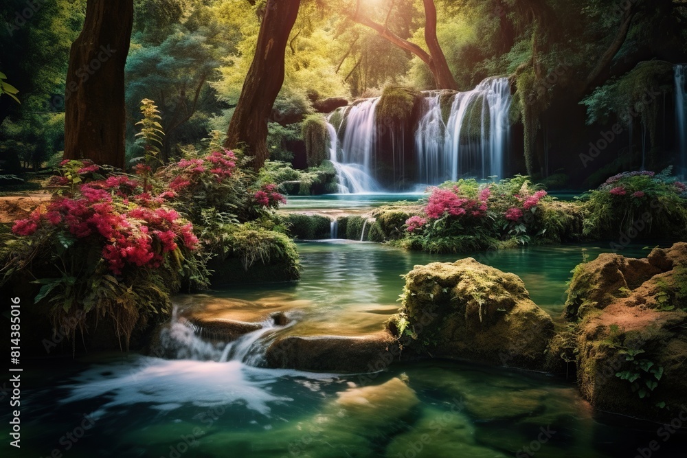 Obraz premium a waterfall in the forest with flowers and greenery.