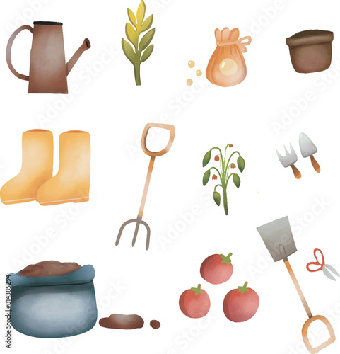 Gardening tools set of items in watercolor style. Garden, farm concept, farming. Agriculture, farming cute vector illustration