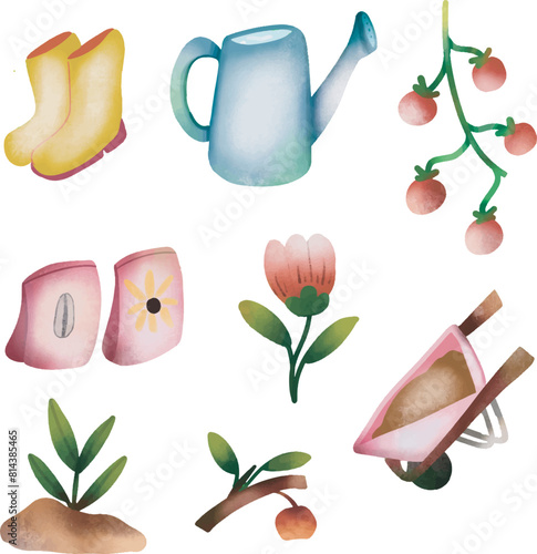 Gardening tools set of items in watercolor style. Garden, farm concept, farming. Agriculture, farming cute vector illustration