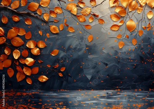 tree orange leaves yellowish deep covered fallen coherent gold silver shapes rippling liquid bubbly scenery thin strokes photo