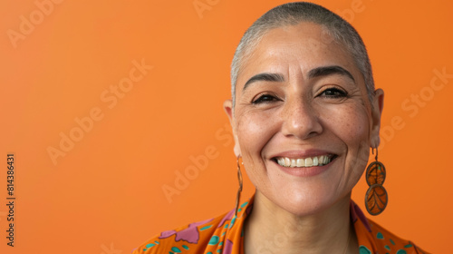A woman with a shaved head is smiling, cancer patient with chemotherapy