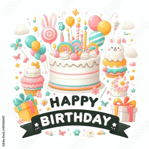 Birthday cards cake with balloons and presents standard art photo harmony lively used for printing illustrator.