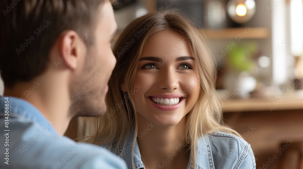 Young woman smiling at her partner in a cozy cafe setting. Young woman smiling at her partner in a cozy cafe setting.