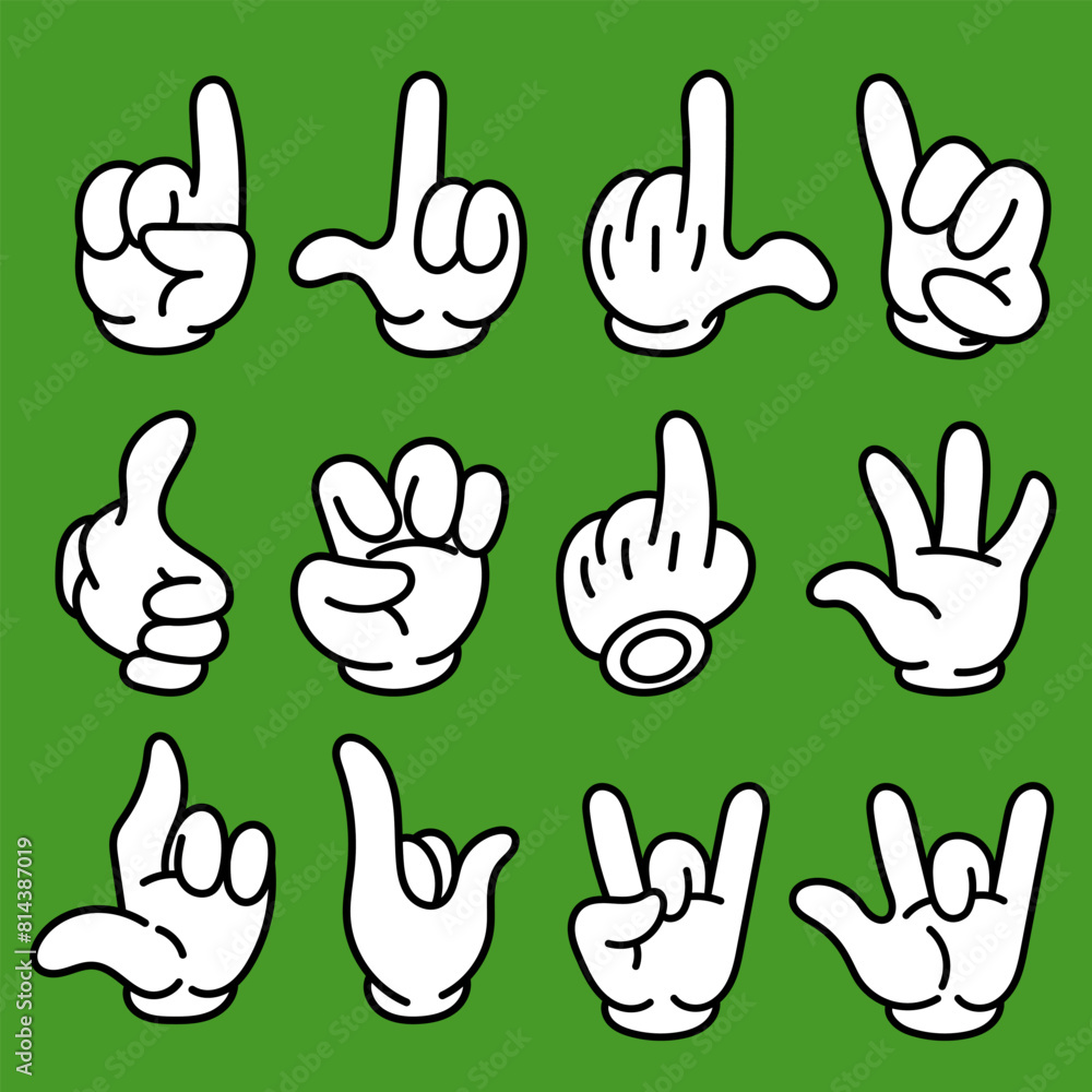 Set of cartoon hands in gloves. Retro style mascot hands. Rubber hose style hands. Vector illustration Set of cartoon hands in gloves. Retro style mascot hands. Rubber hose style hands. Vector illustration