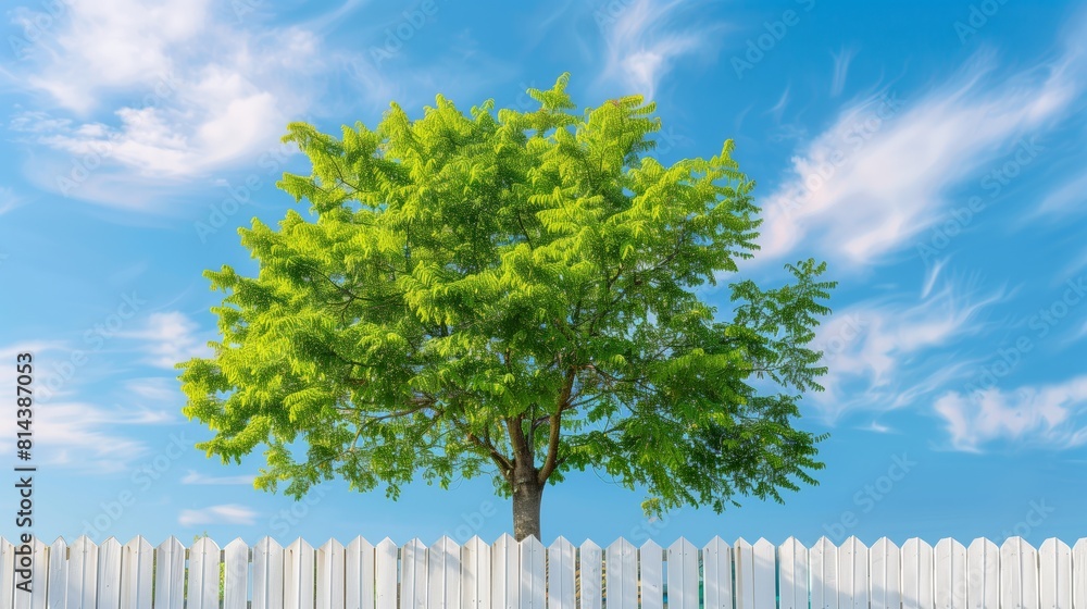 Fototapeta premium Beautiful decorative tree with green leaves over white fence and blue sky. Summer background