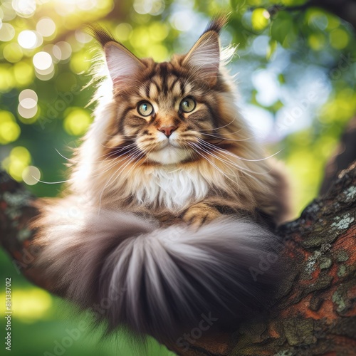 Maine Coon cat cat sitting on a tree branch image art realistic attractive has illustrative meaning illustrator.
