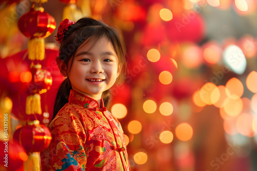 Little asian girl in Chinese dress with red paper lanterns in lunar new year festival.