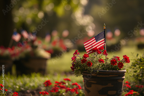 American flag on a flowerpot in the cemetery. Memorial Day concept.