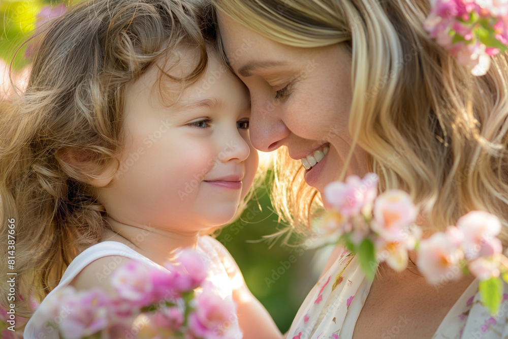 Happy mother and daughter in blooming garden with blooming flowers. Mothers day concept.