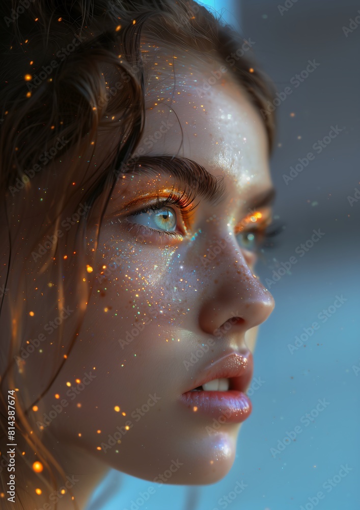closeup woman face clear bronze teenage girl fire particles front young vivid gaze gilded fairy fiery