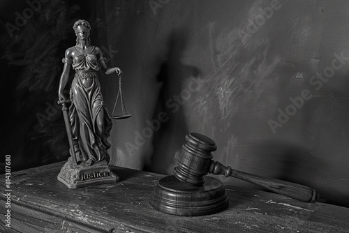 Law theme, mallet of judge, wooden gavel and scales of justice.